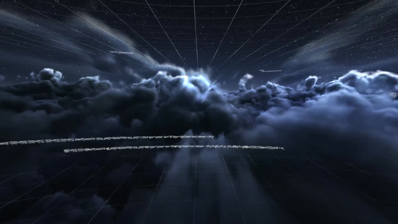 Digitally generated video of data processing against night sky with clouds in background