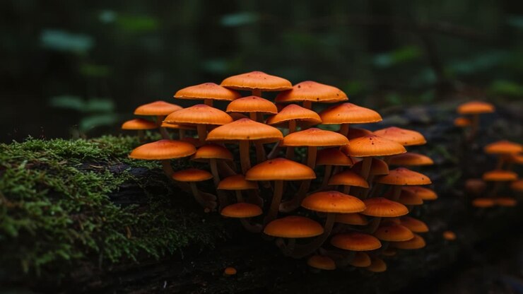 A Beautiful Cluster of Vibrant Orange Mushrooms Growing on a Mossy Log, Showcasing Nature's Colorful Fungi in a Verdant Forest Setting