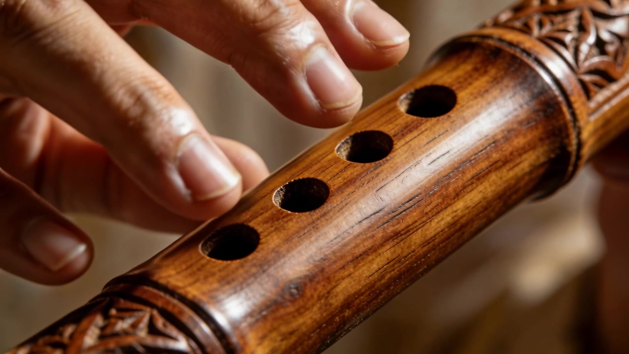 Le dita si posano e poi si muovono sulle mani del musicista che si esercita con una scala su un flauto di legno intagliato a casa.