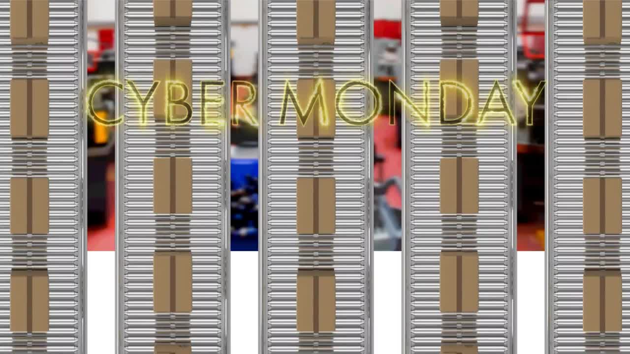 공장을 상대로 컨베이어 벨트에 여러 배달 상자 위에 네온 노란 사이버 월요일 텍스트 배너