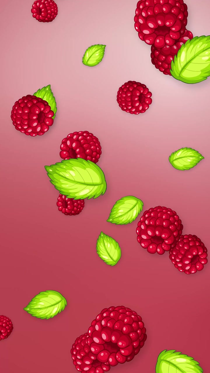 Stylized red raspberries and green mint leaves fall vertically against a soft pink gradient background.