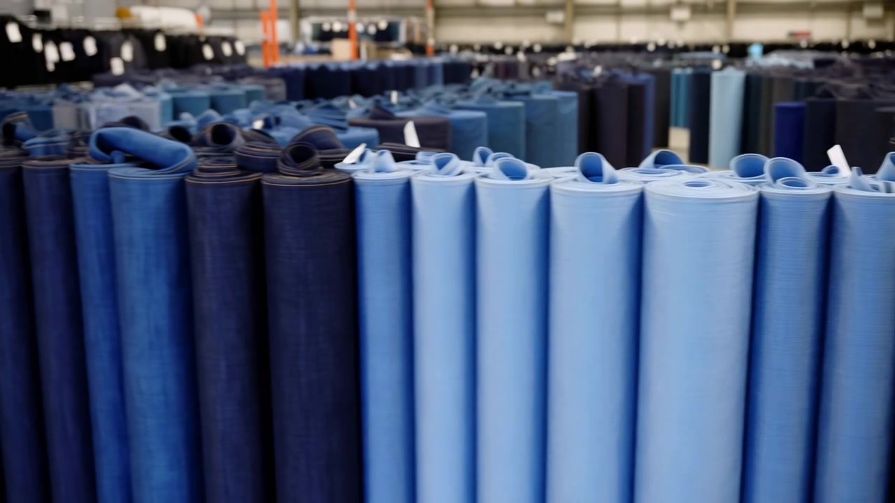 Vista dal basso all'interno di un magazzino che mostra rotoli di tessuto verticali organizzati in file parallele, con rotoli azzurri e blu navy, bordi arrotolati visibili, forme cilindriche ripetute e luce diffusa fredda.