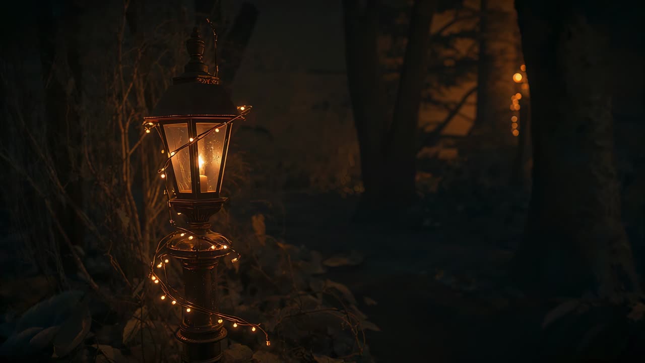 Panning camera revealing lamp post glowing in glass with fairy lights in wooded pathway, copy space