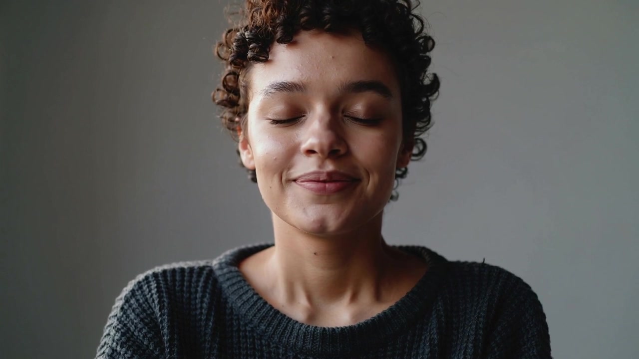 Exhaling woman reflecting eyes closed, shifting into closed-lip smile in gray room