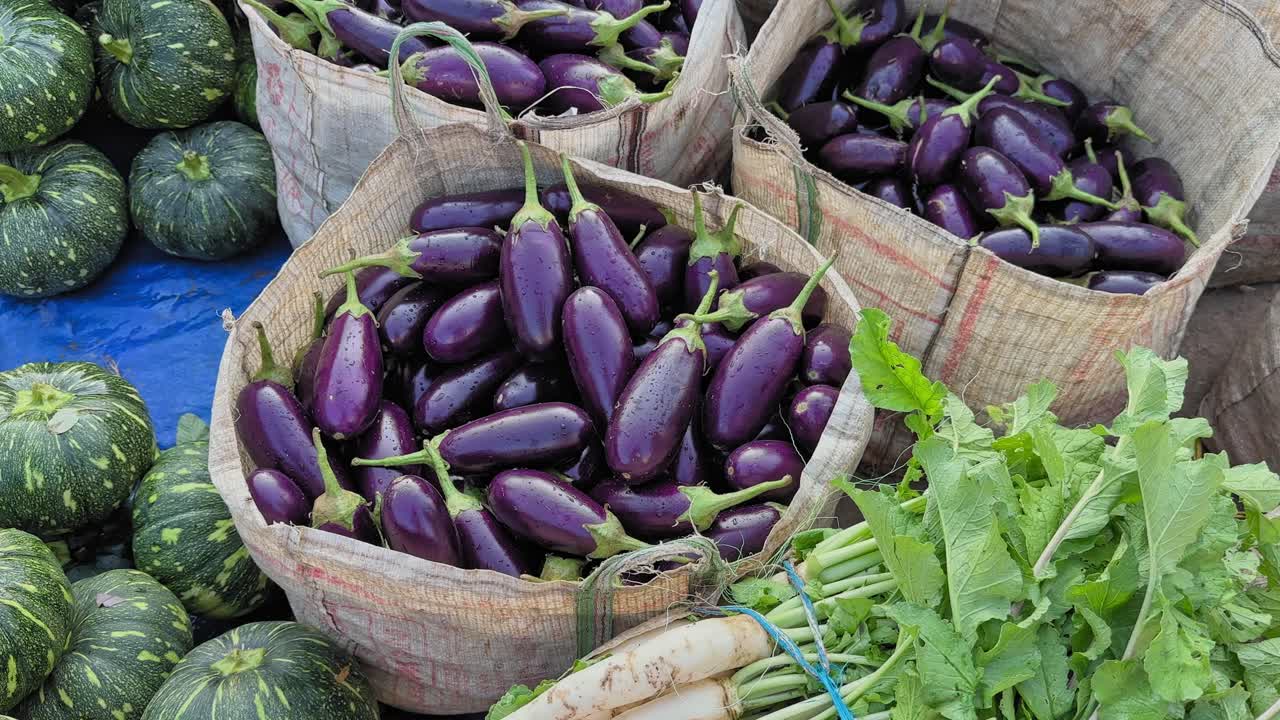 Camera circles around sacks filled with shiny purple brinjals, surrounded by pumpkins and fresh radish greens, capturing the vibrant texture and colors of a local market