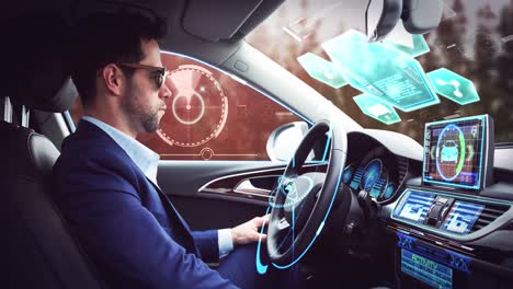 Animation-of-digital-interface-over-businessman-in-self-driving-car