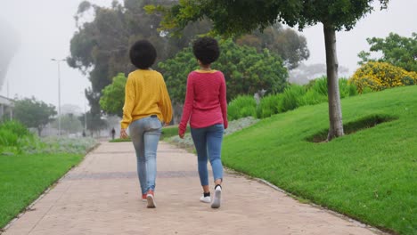 Dos-Mujeres-De-Raza-Mixta-Caminando-En-El-Parque