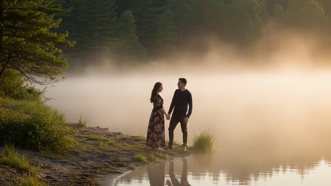 Romantic couple by a foggy lake at sunrise