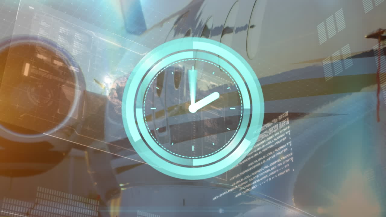 анимация обработки данных и часов над самолетом