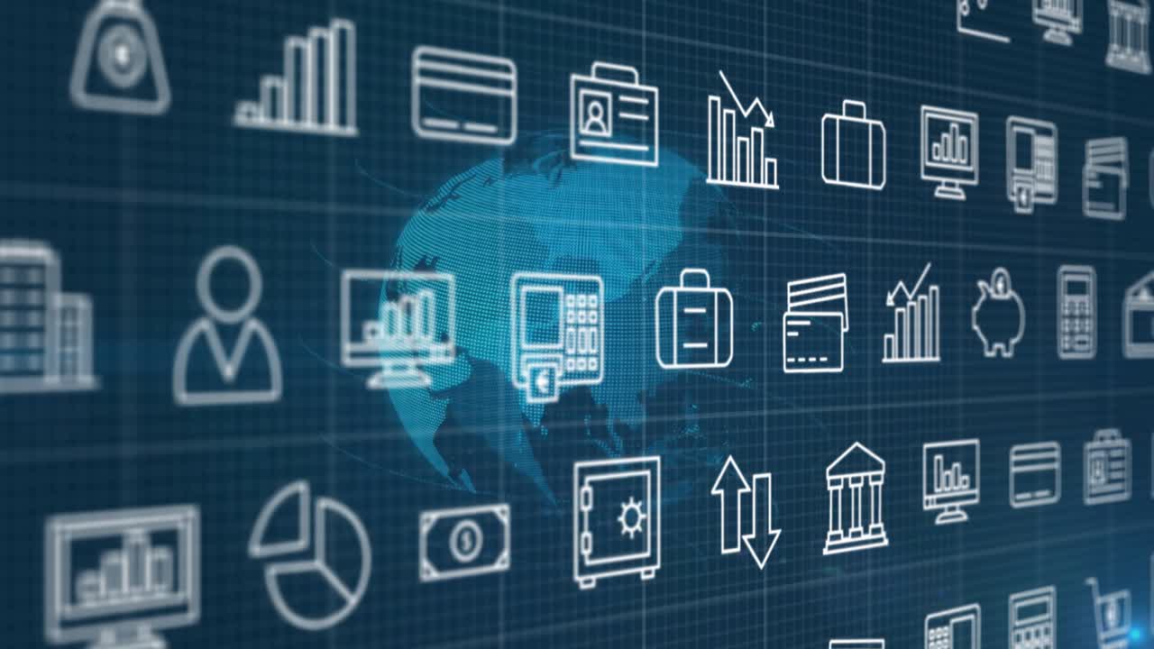 Dotted globe emerging, rotating with panning while grid scrolling and sliding for finance dashboard