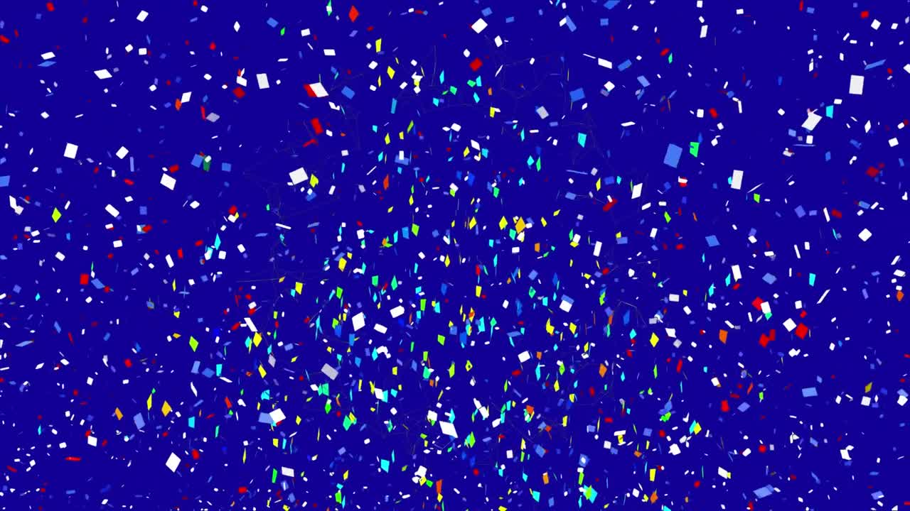 파란색 배경 에 비해 다채로운 콘페티 가 떨어지는 디지털 애니메이션