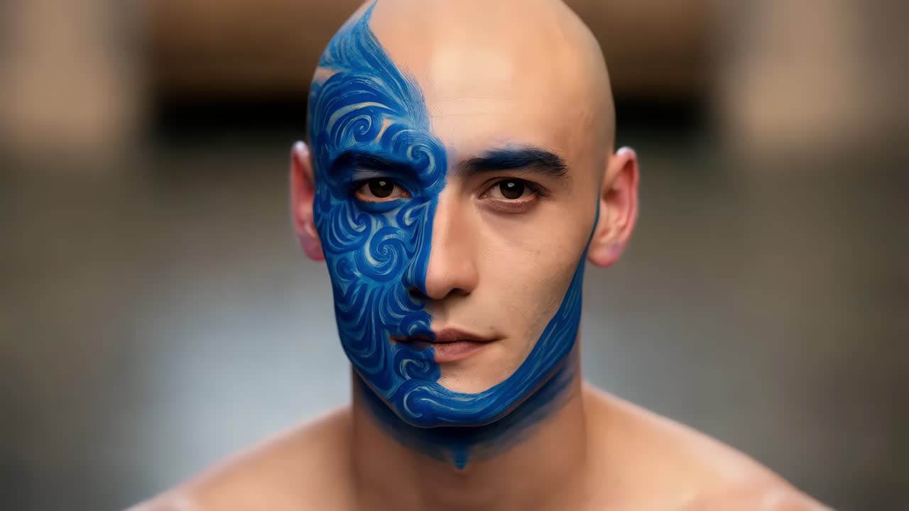 hombre con la cara pintada de azul
