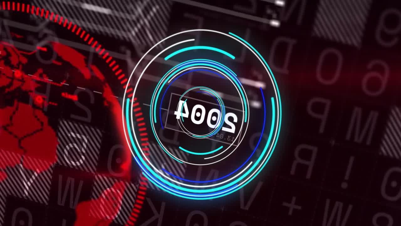 Digital data processing animation over rotating world map and binary code