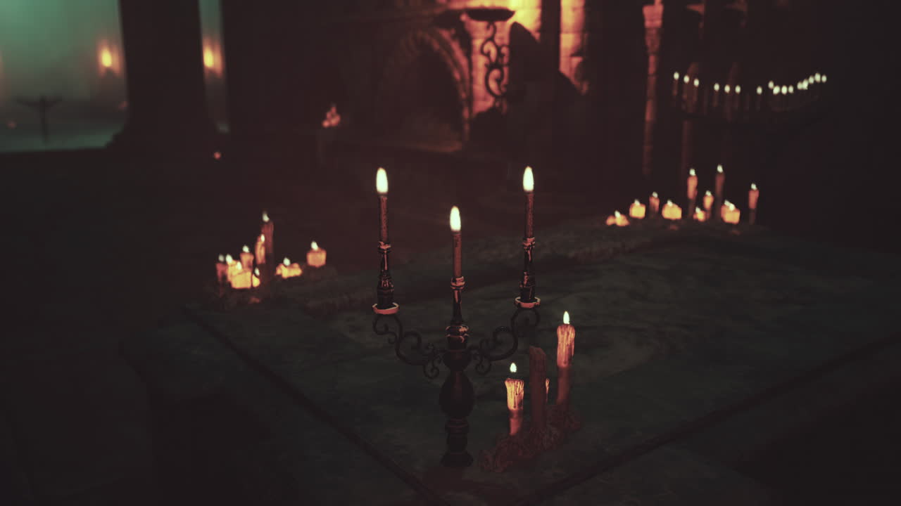 어두운 교회 에서 불 을 고 있는 고 양식 의 제단