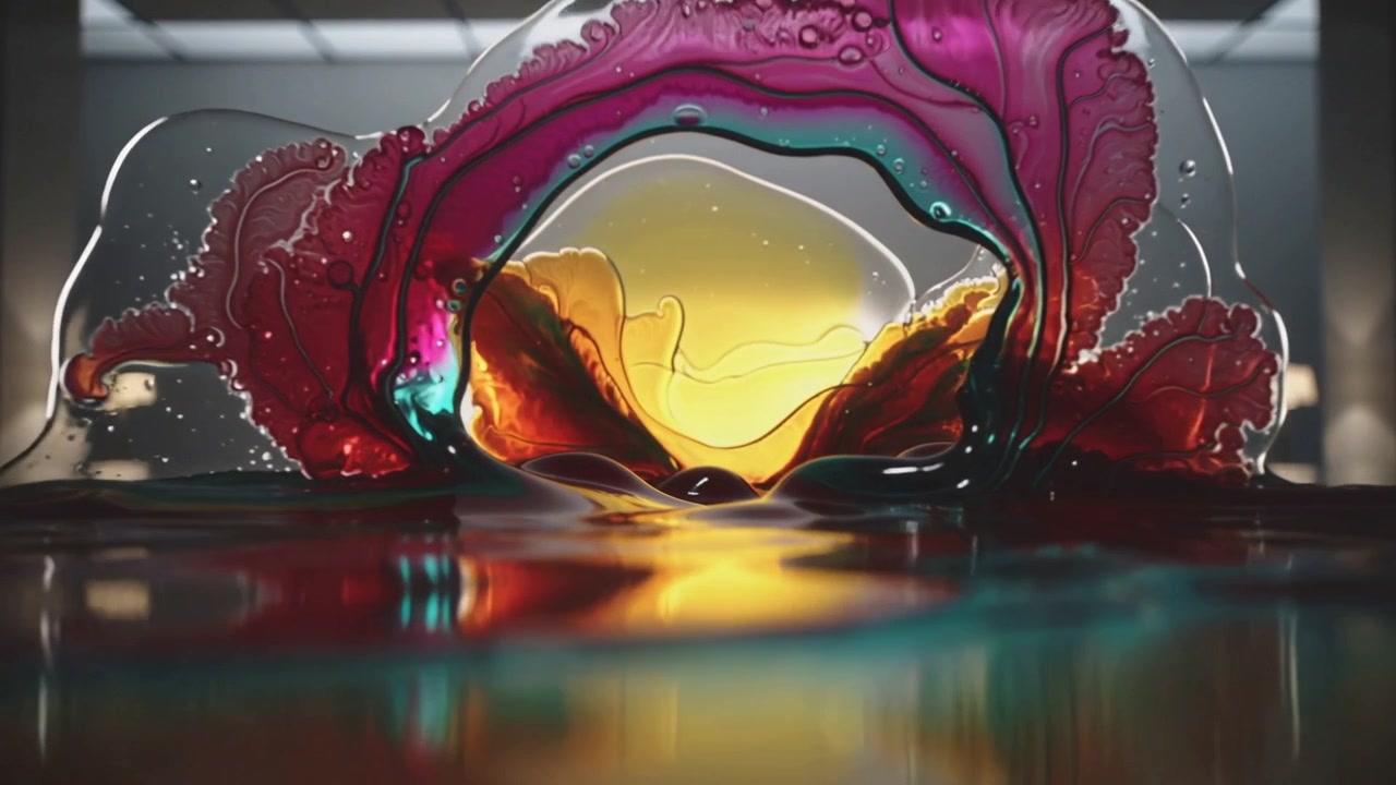 Colliding droplets forming arch crown on glass in studio reflecting magenta teal amber inks