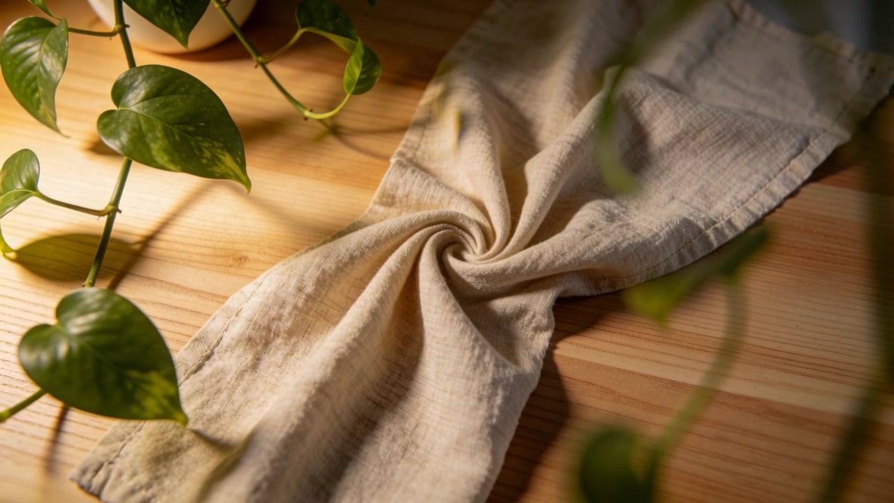 Shifting sunlight highlighting twisted beige linen napkin on wooden tabletop, vine sliding