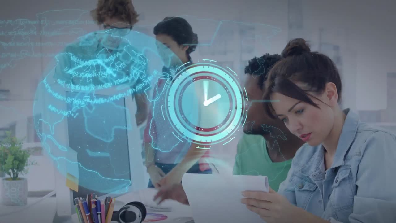 글로벌 네트워크의 애니메이션과 스캐너 처리 데이터에 대한 시계 작업에서 다양한 동료