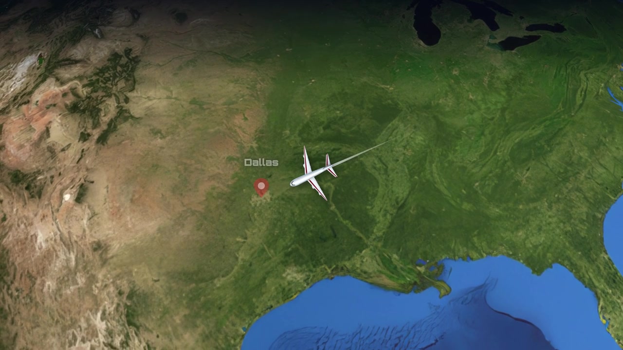 Satellite view animation follows an airplane flying from New York City to Dallas, Texas
