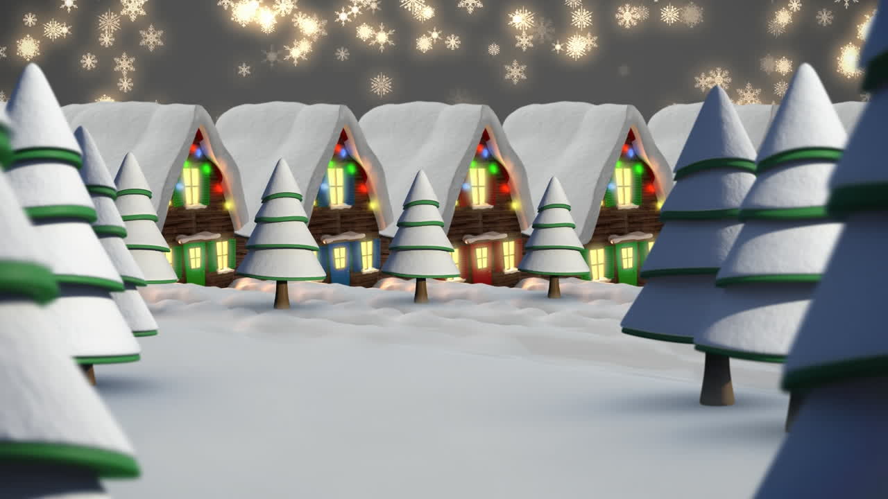 요정의 불빛으로 집 위에 내리는 눈의 애니메이션