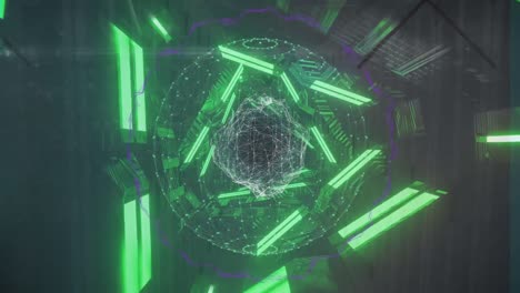 animation of network of connections and rotating neon shapes in digital space