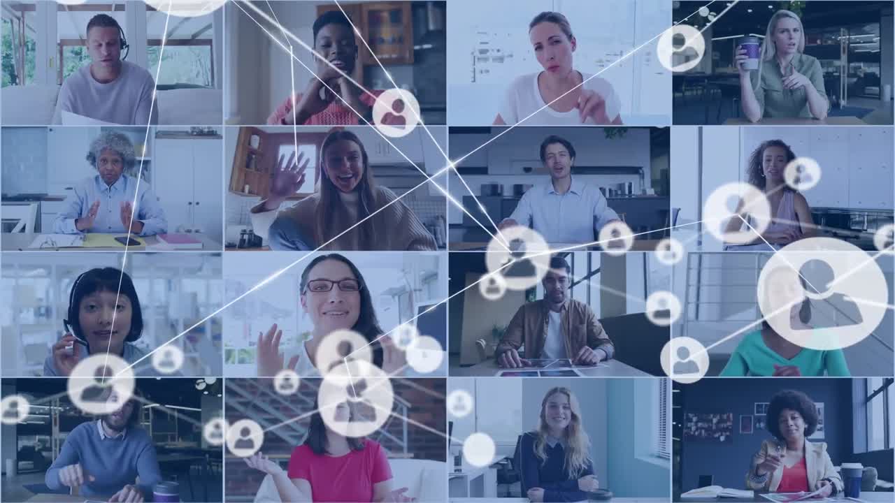 animación de iconos de medios sobre diversas personas de negocios que tienen una videollamada