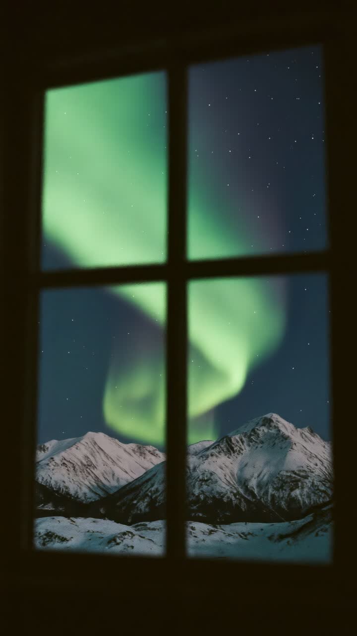 A mesmerizing video-style view of the Northern Lights through a window, capturing snow-capped