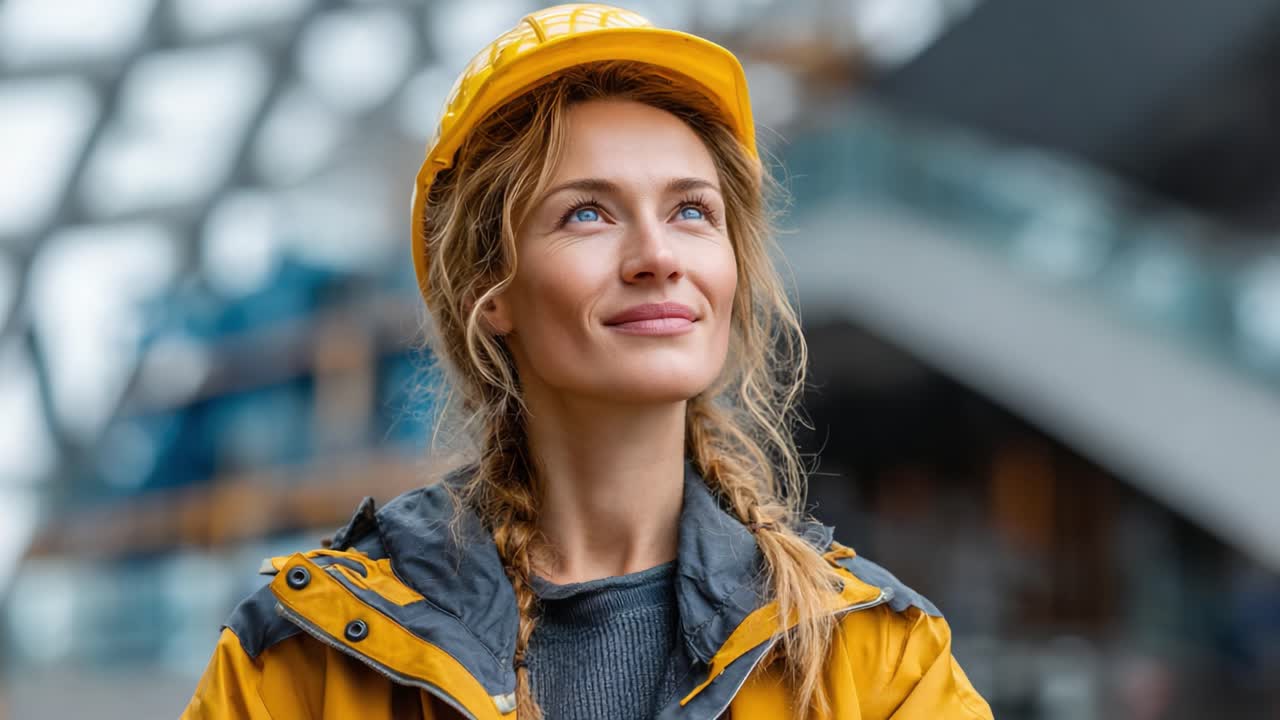 A confident woman wearing a yellow hard hat and jacket gazes upward, showcasing determination and optimism in an industrial environment filled with modern architecture