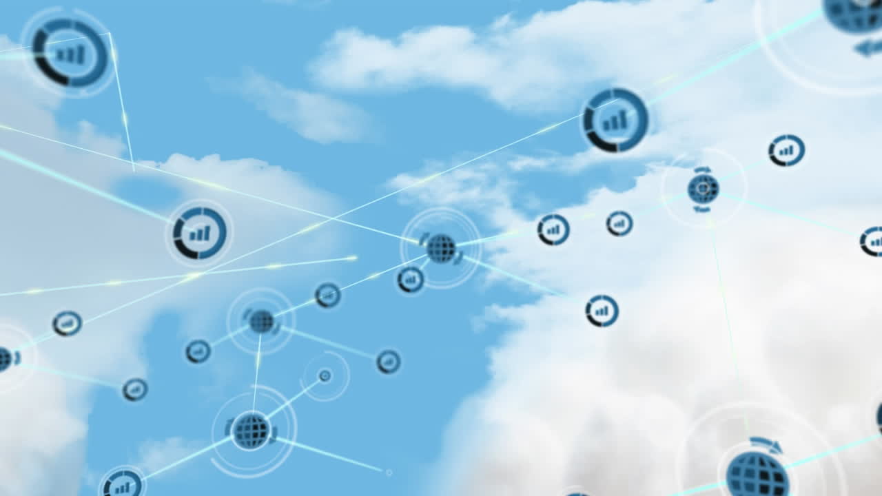 하늘의 구름 위의 아이콘으로 연결된 네트워크의 애니메이션