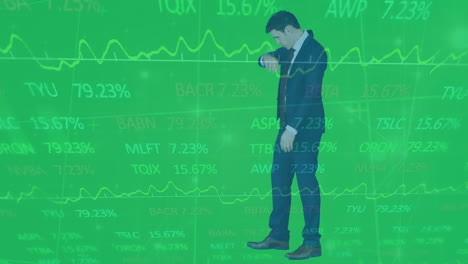 animation of stock market data processing over caucasian businessman with hands up walking