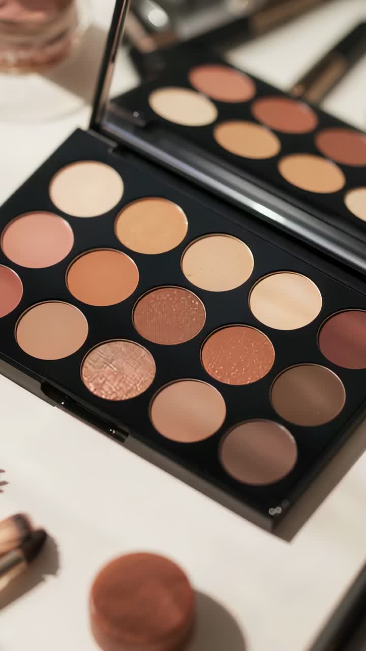 Vertical video: Sliding camera showing 15pan eyeshadow palette on vanity for demo, mirror and brush
