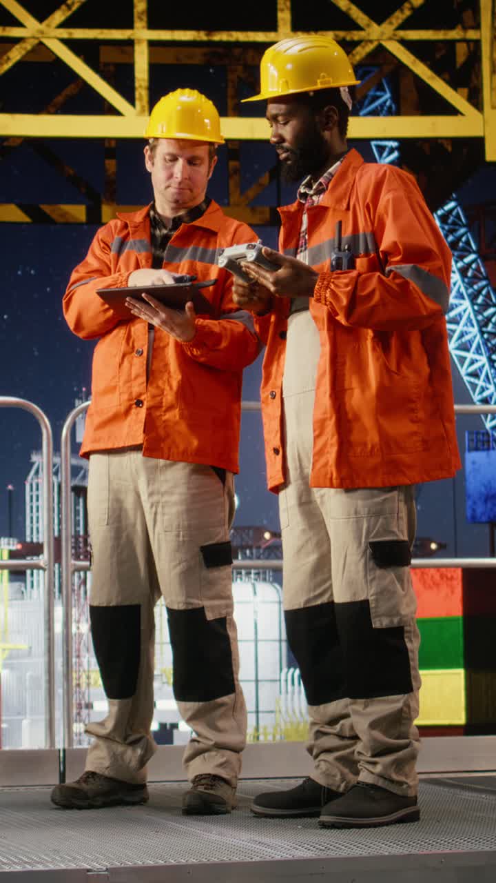 Vertical Video Colleagues using drone to collect data for offshore platform evaluation