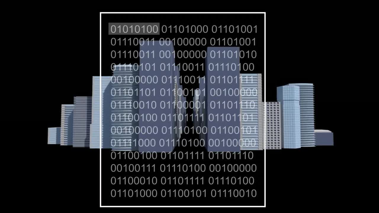 Animation of binary coding data processing over cityscape
