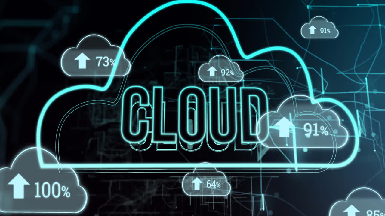 Animation of cloud text over data processing on black background