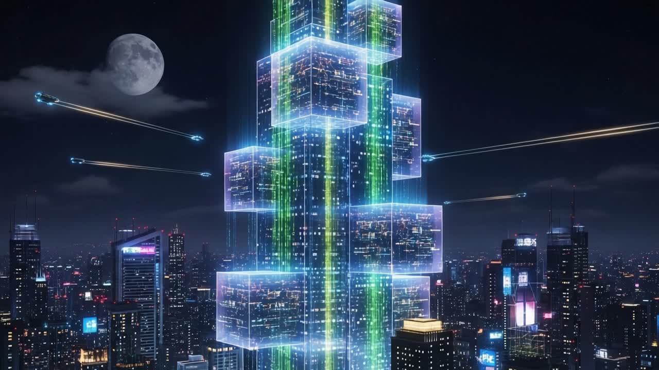 Futuristic Urban Landscape at Night Featuring a Tower with Glowing Cubes, Surrounded by a Modern City and Sci-Fi Elements like Hovering Vehicles and a Full Moon