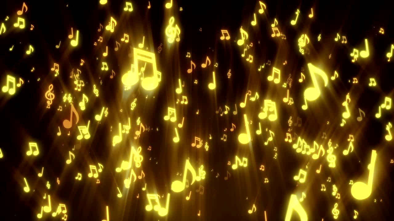 금색 음악 음의 추상적인 흐름이 카메라로 날아갑니다.