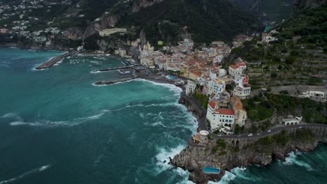 tourists driving cars on via pantaleone comite, amalfi coast road, aerial view