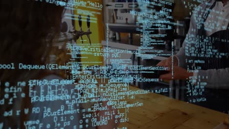 animation of blue data processign and floating over a mixed race woman standing in a cafe