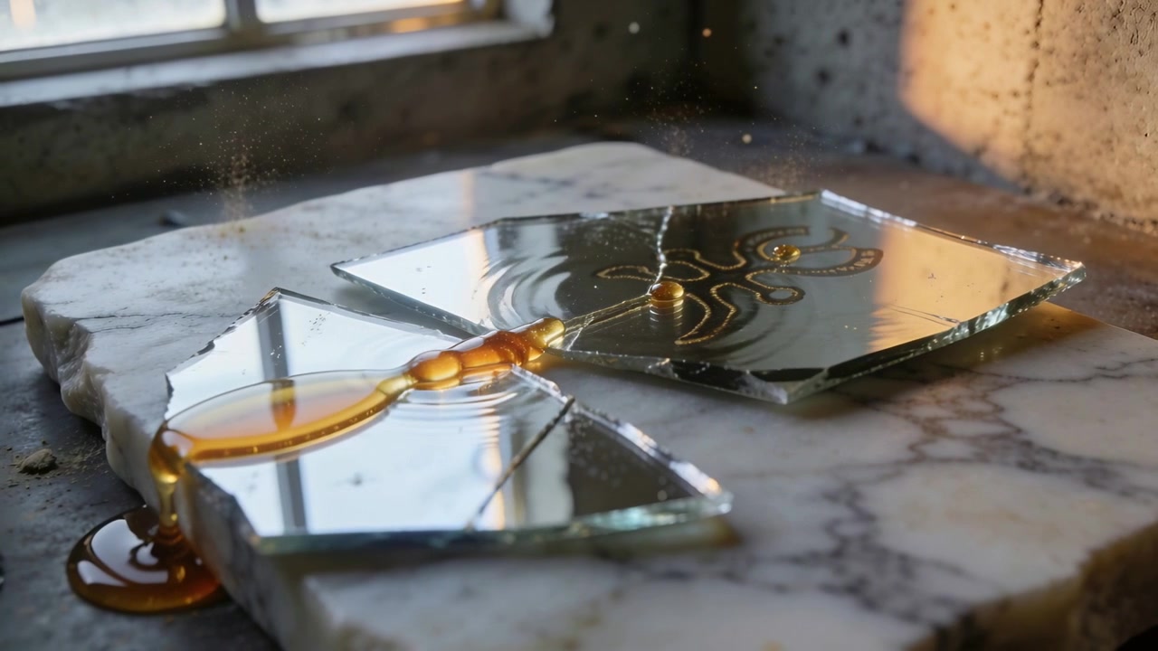 Dripping amber liquid, bead meeting drop causing filament bridging two mirror shards on marble slab