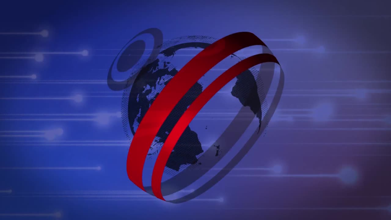 animación de un globo giratorio sobre senderos de luz que se mueven contra un fondo azul gradiente