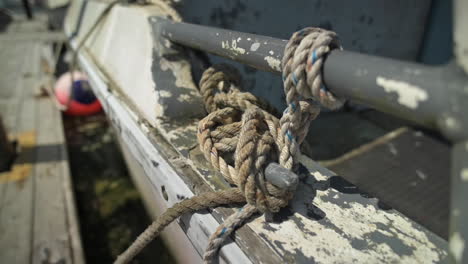 rustic wooden boat rope tied to cleat at dock in a marina in oregon