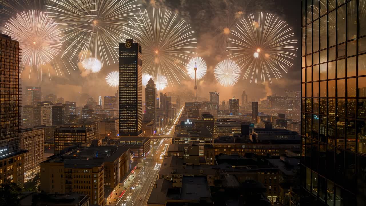 Launching fireworks burst over downtown avenue, display growing around central tower, glass facade