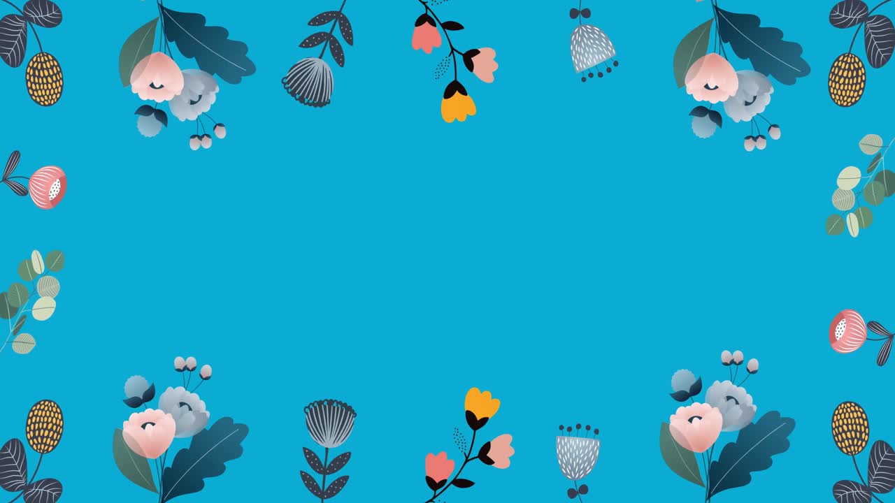Animation of flowers moving in hypnotic motion with copy space on blue background