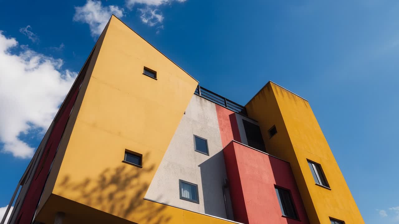 Tilting and panning camera showing color-blocked facade on street revealing windows and railing
