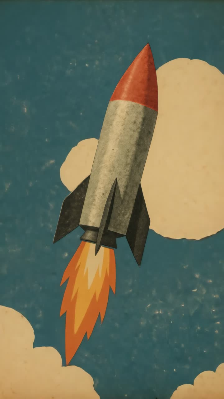 Vintage-style video animation of a rocket launching skyward, viewed from below
