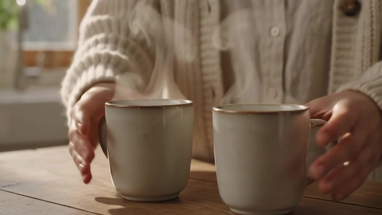 Mattina accogliente in cucina, donna caucasica che tiene delle tazze, luce solare soffusa, tazze di ceramica fumanti su tavolo di legno