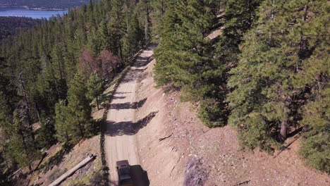 a dark suv truck drives around a gentle curve in a dirt mountain fire road through a dense pine forest