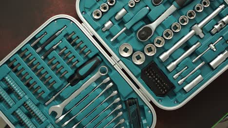 professional tools set packed in the hard case. wrenches, screwdriver bits, drive sockets