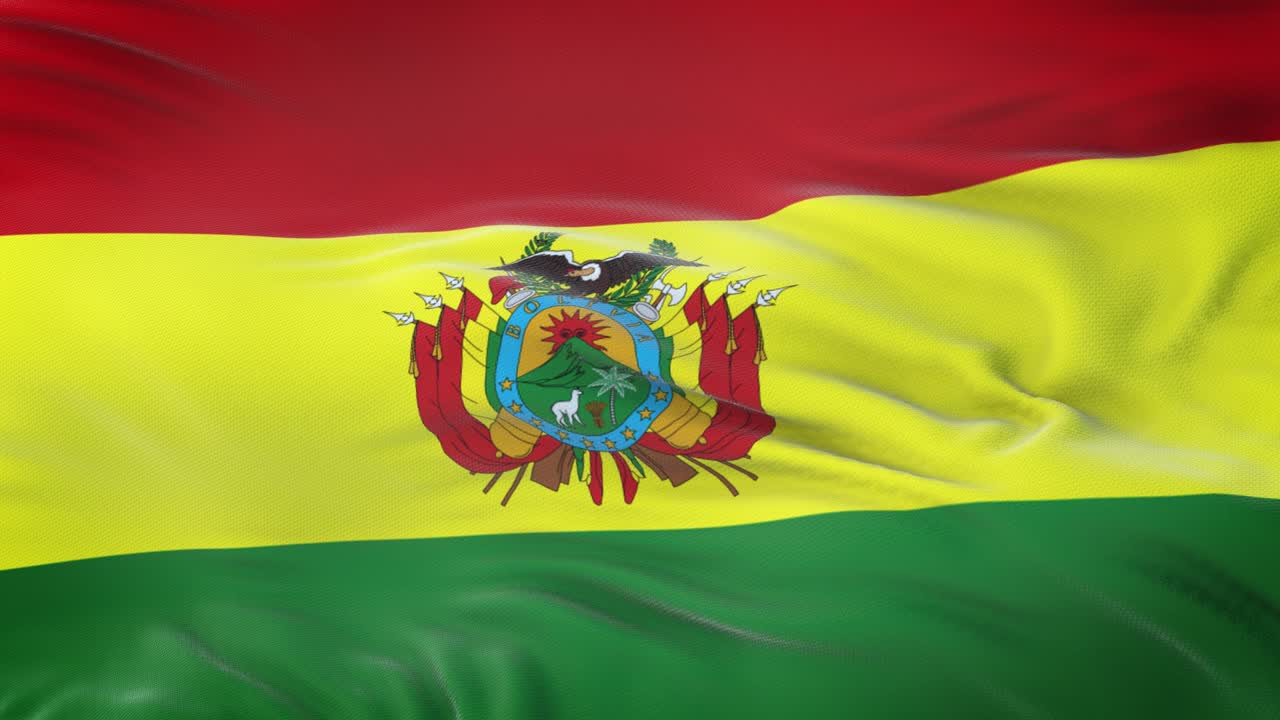 Bandeira da Bolívia tremulando ao vento com textura de tecido altamente detalhada. Loop contínuo.
