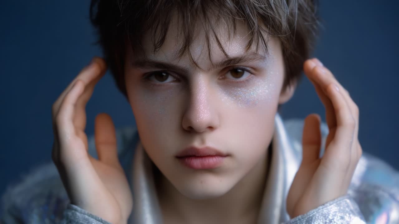 A Reflective Mood: A Young Individual Experiencing Deep Emotion, Showcasing Subtle Makeup and Ethereal Fashion in a Soft-lit Portrait Setting