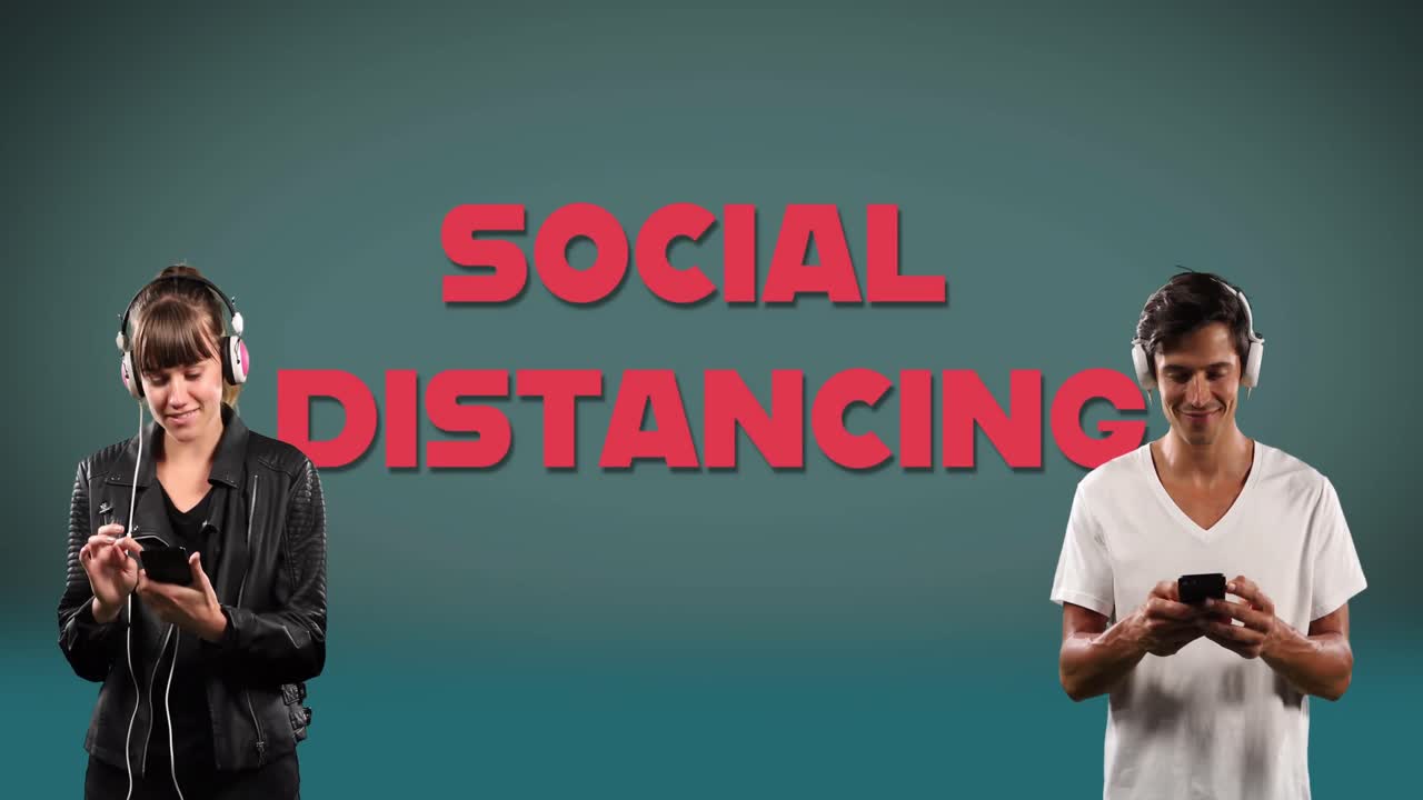 Social distancing text against man and woman listening to music